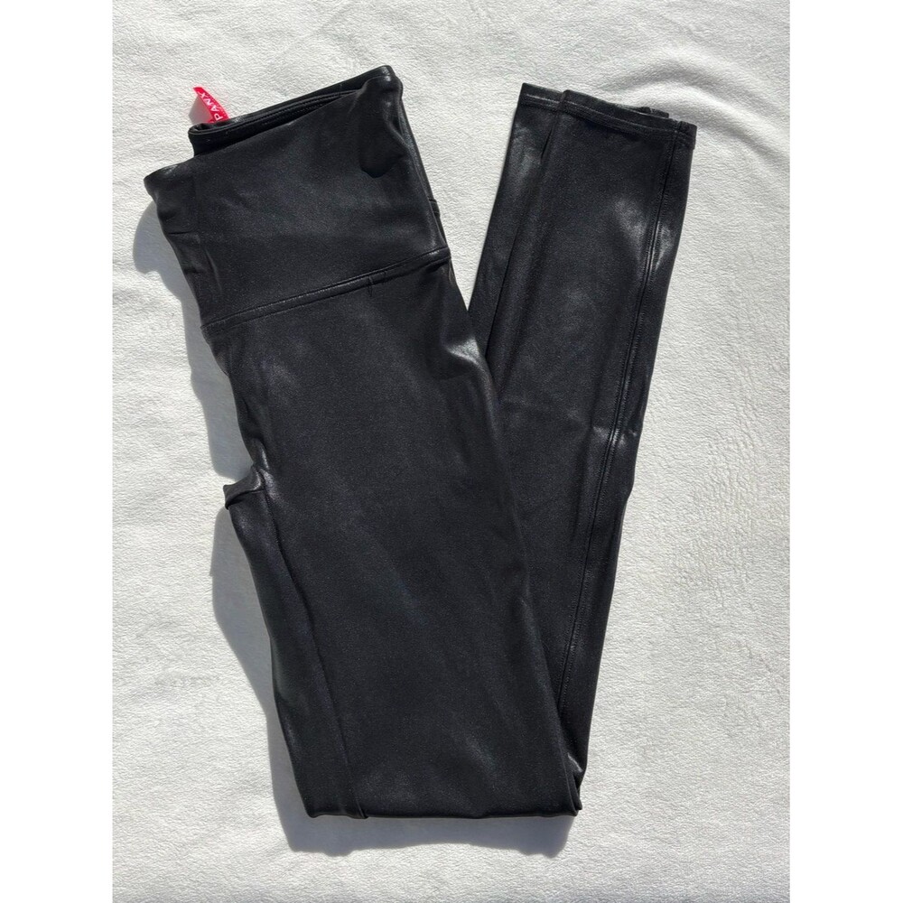 SPANX Black Shiny Faux-Leather Leggings with Red Tag